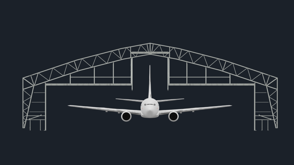 En illustration av en stor tälthall från Hallgruppen som rymmer ett flygplan. Hallens robusta stålkonstruktion visar dess kapacitet för stora fordon.
